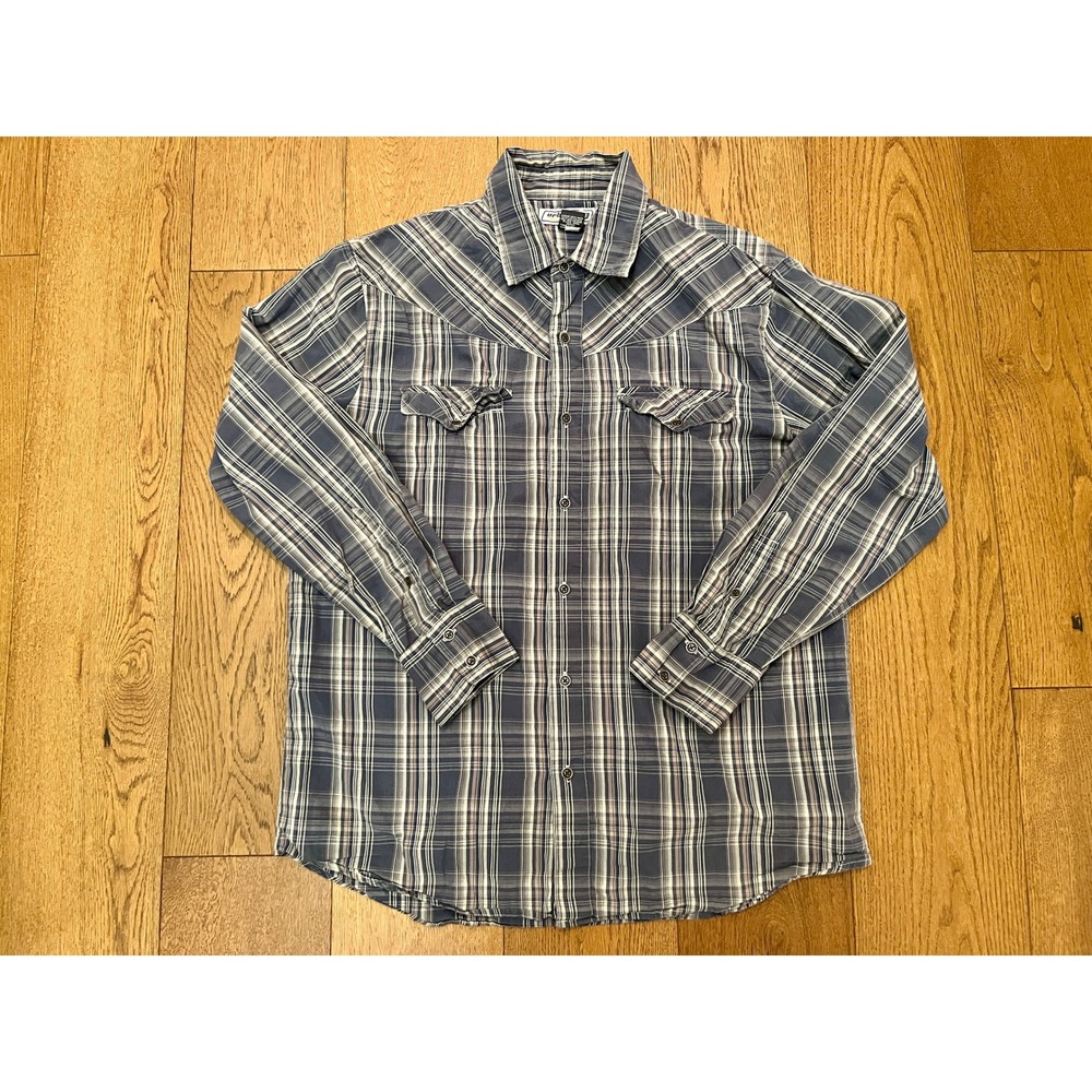 Urban Pipeline Men's L Western Plaid‎ Shirt Blue Grey Cotton Long Sleeve Yoke